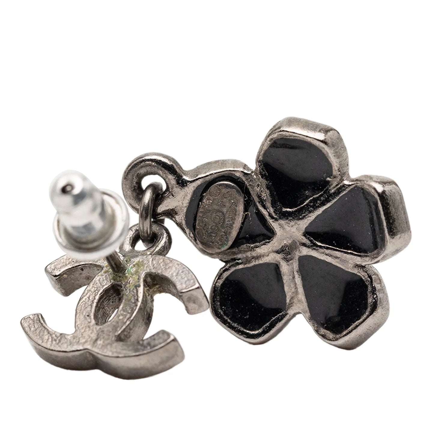 Silver Chanel CC Silver Plated Enamel Flower Drop Earrings