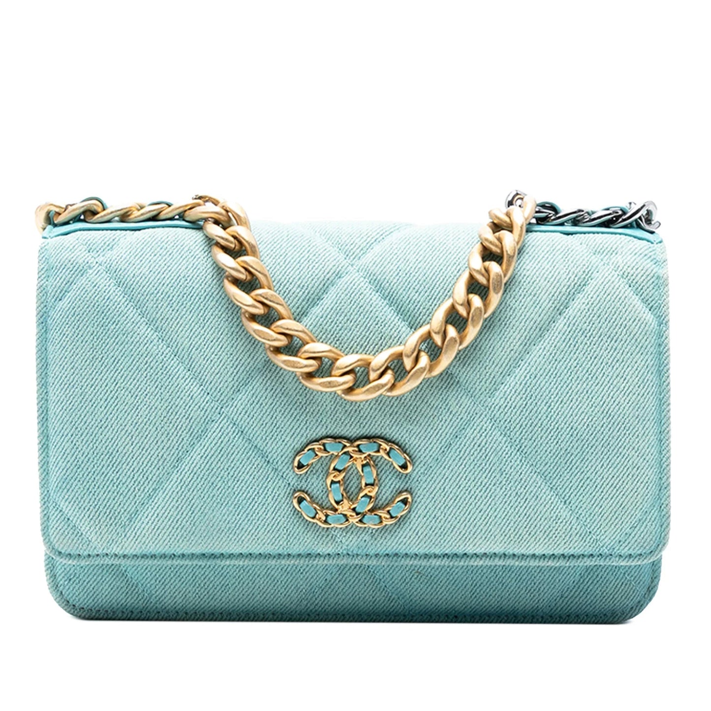 Blue Chanel Denim 19 Flap Wallet On Chain Satchel