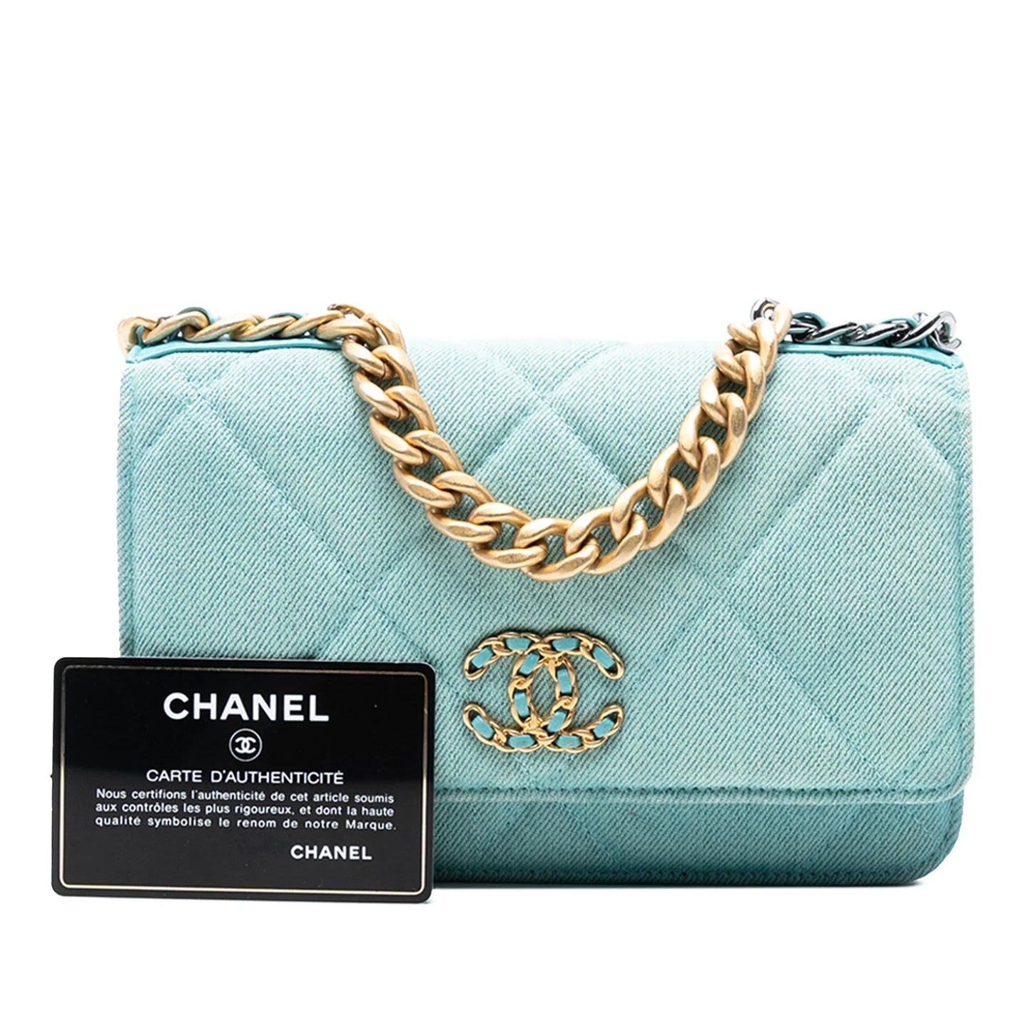 Blue Chanel Denim 19 Flap Wallet On Chain Satchel