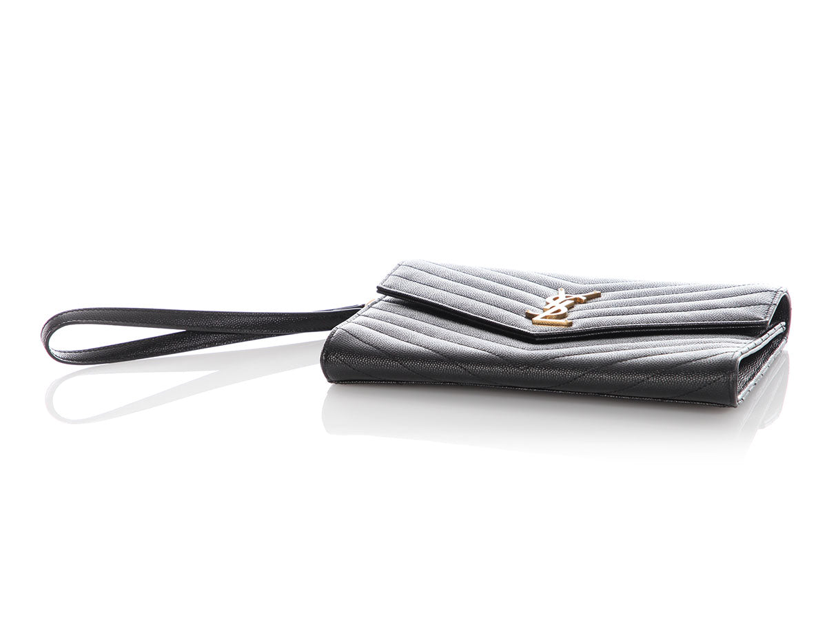 Saint Laurent Black Grain De Poudre Cassandre Matelassé Flap Pouch