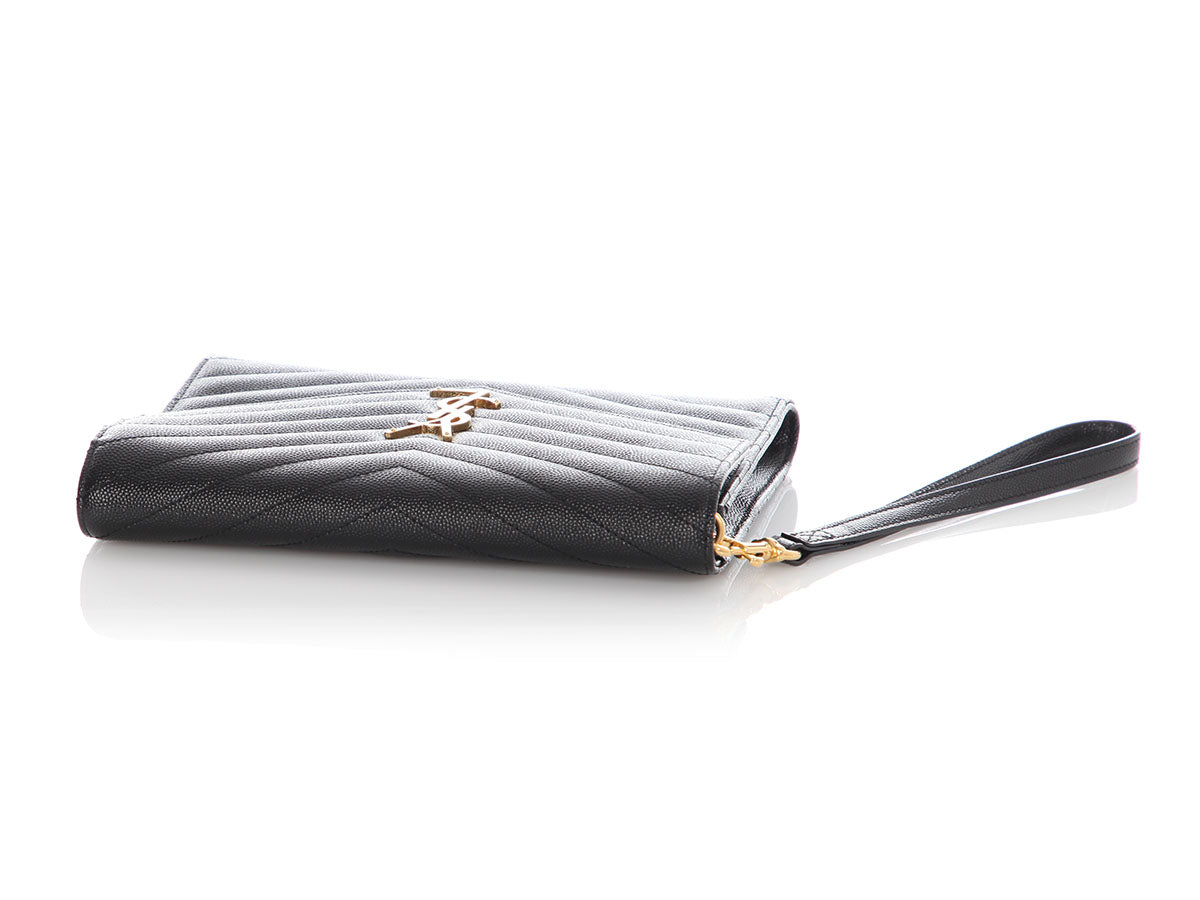 Saint Laurent Black Grain De Poudre Cassandre Matelassé Flap Pouch