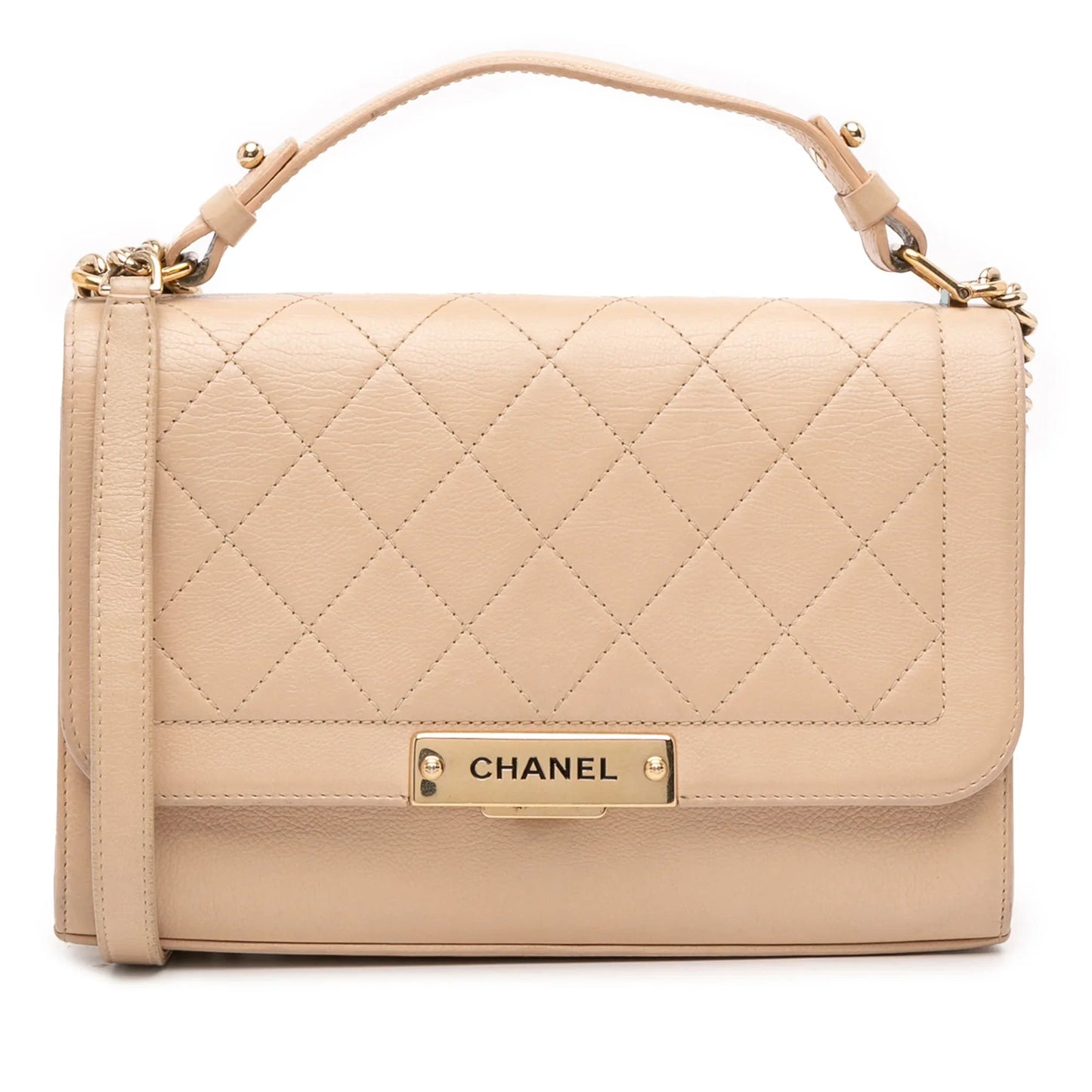 Tan Chanel Medium Quilted Calfskin Label  Flap Satchel