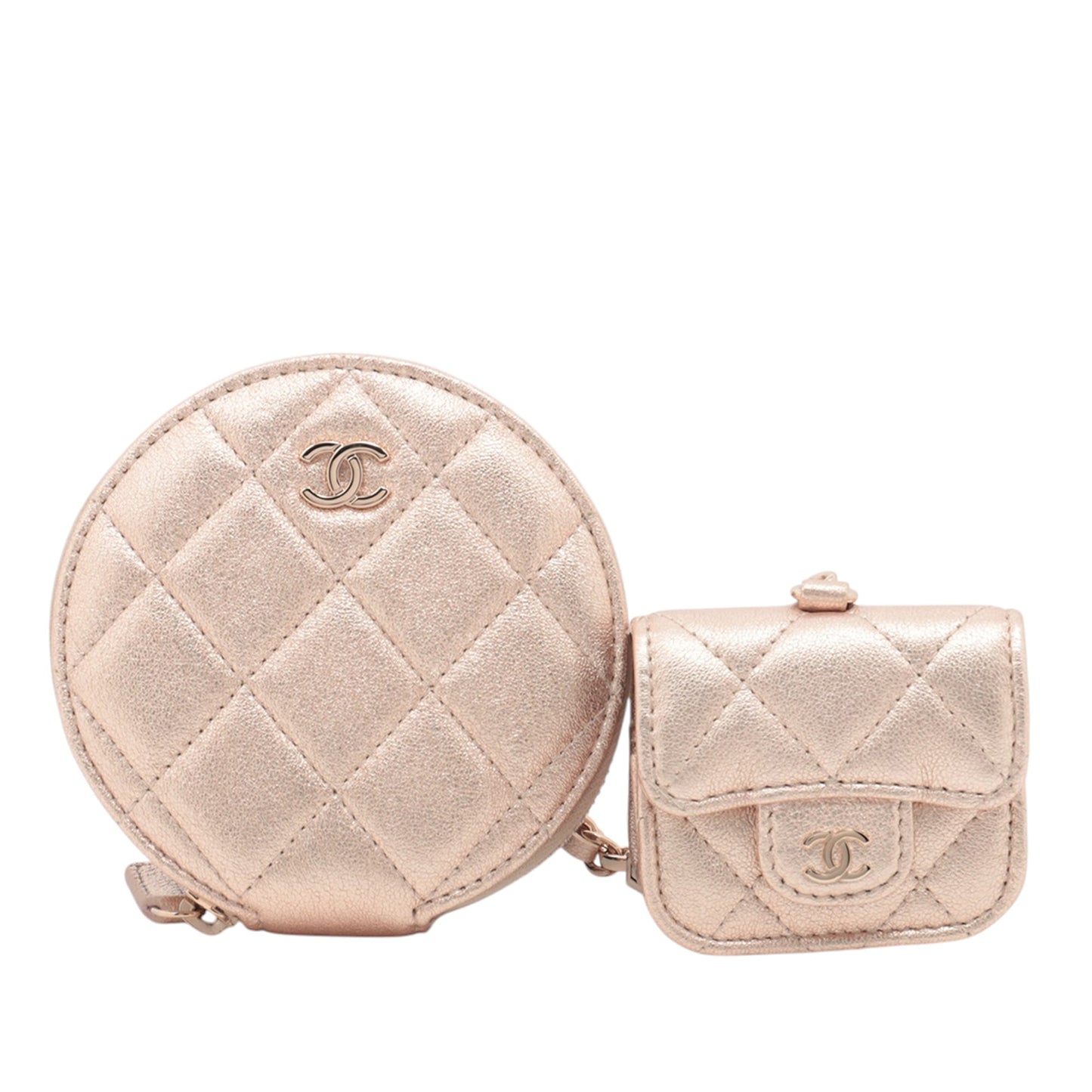 Rose Gold Chanel CC Quilted Metallic Lambskin Coin Pouch and AirPods Pro Case