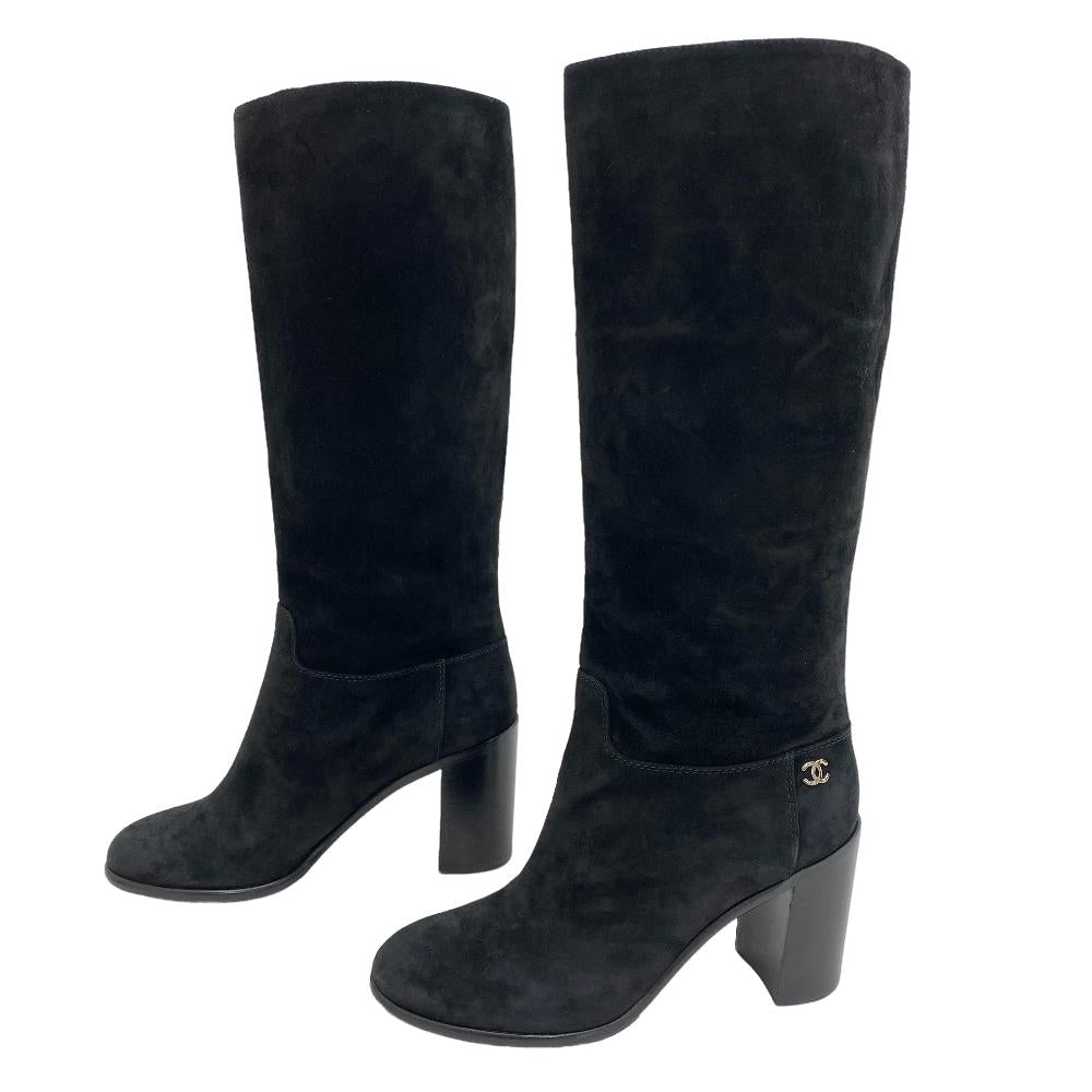 CHANEL boots suede black Knee-high boots COCO Mark Women 37 1/2  d