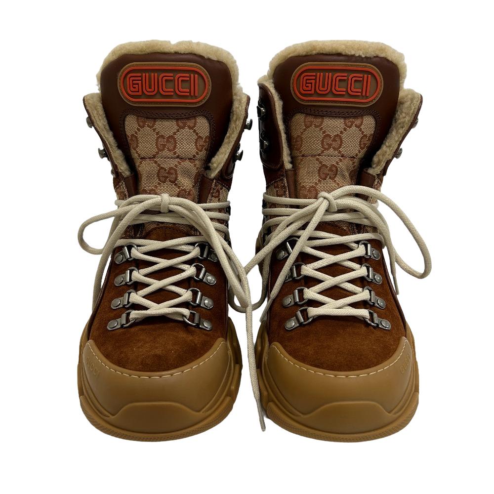 GUCCI sneakers 521679 suede Brown lace up high tops GG canvas Flash trek mens