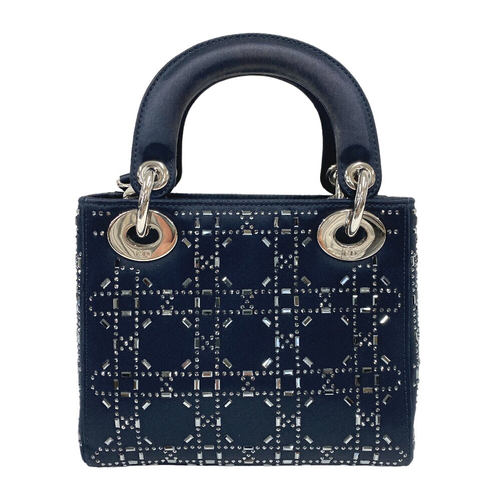 Christian Dior Shoulder Bag Satin black Lady Dior 2WAY handbag Rhinestone mini cannage Women