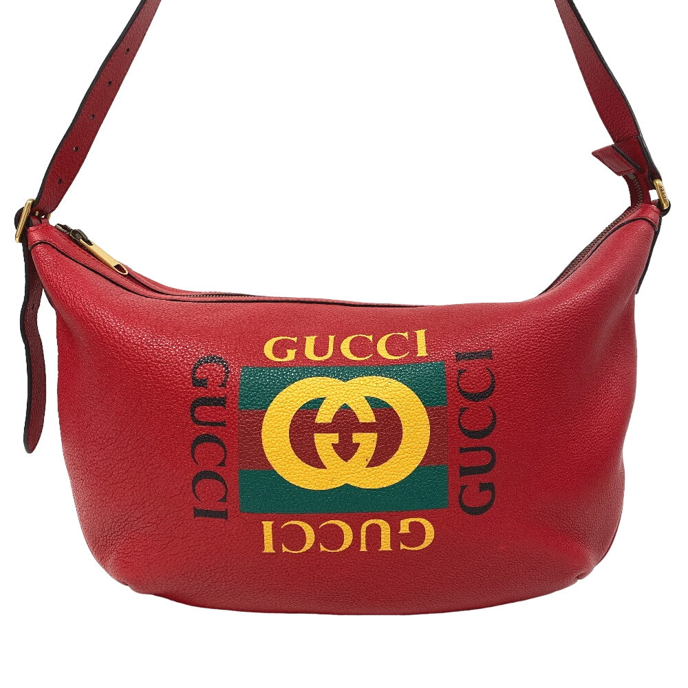 GUCCI Shoulder Bag 523588 leather Red Half moon Logo print unisex(Unisex)