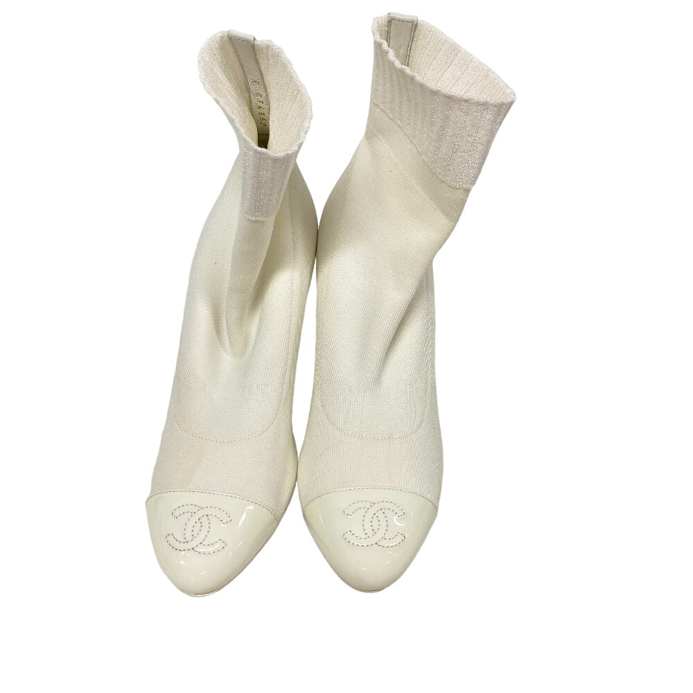 CHANEL boots G34352 Knit, Patent Leather white Sock boots Lame glitter COCO Mark Women 36C  d