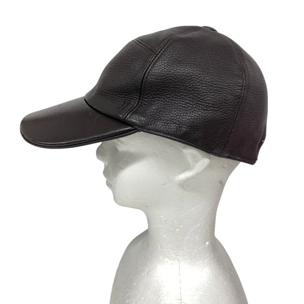 HERMES cap Calfskin Brown Logo embroidery mens  d