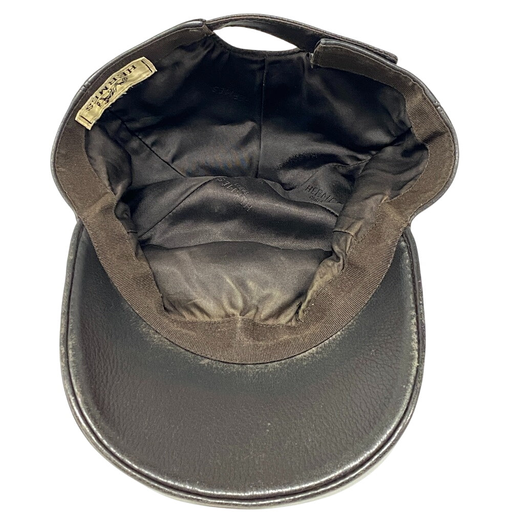 HERMES cap Calfskin Brown Logo embroidery mens  d