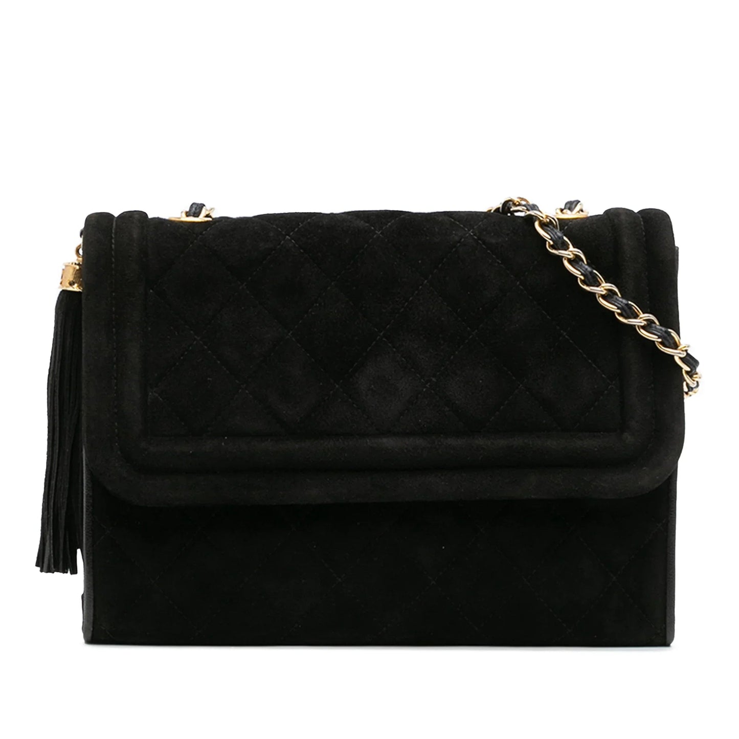 Black Chanel Quilted Suede Tassel Flap Crossbody Bag