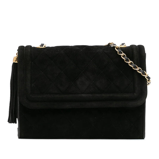 Black Chanel Quilted Suede Tassel Flap Crossbody Bag