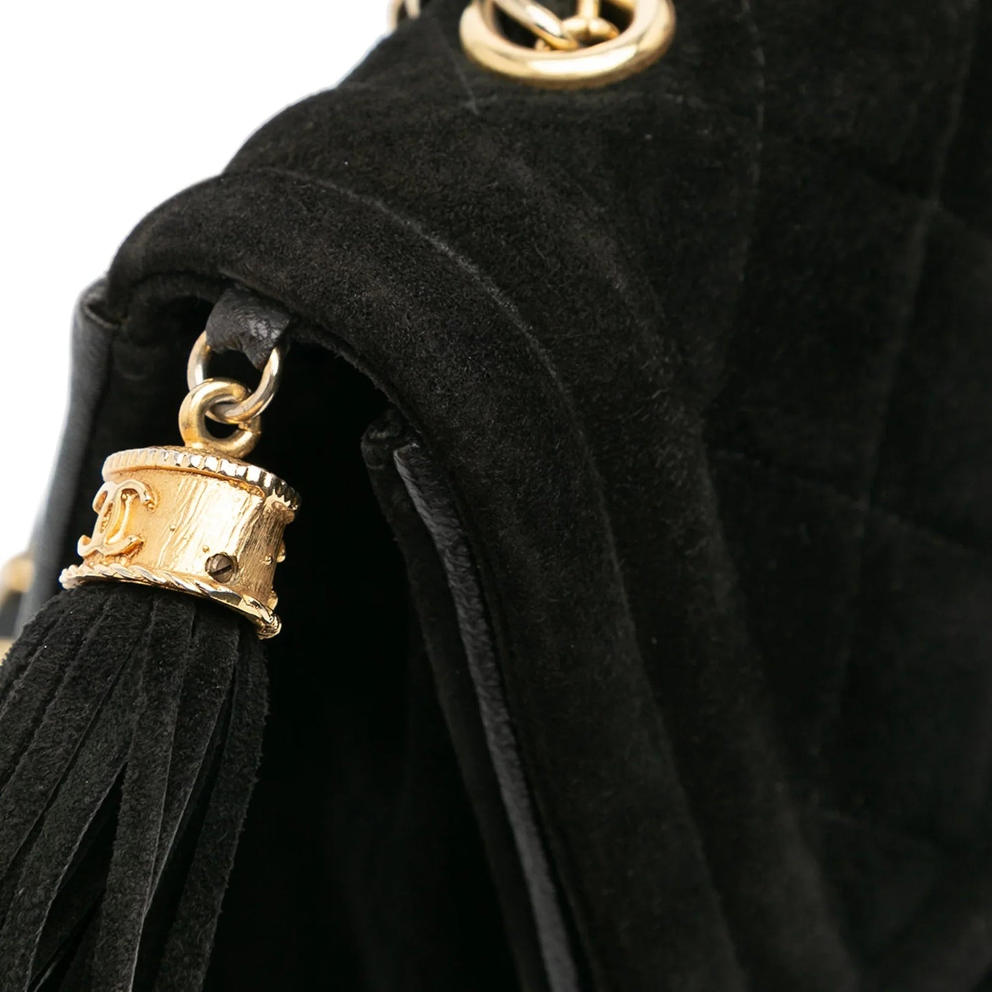 Black Chanel Quilted Suede Tassel Flap Crossbody Bag