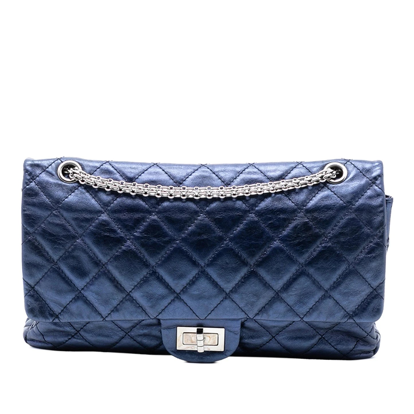 Blue Chanel Metallic Quilted Aged Calfskin Reissue 2.55 Double Flap 227 Shoulder Bag