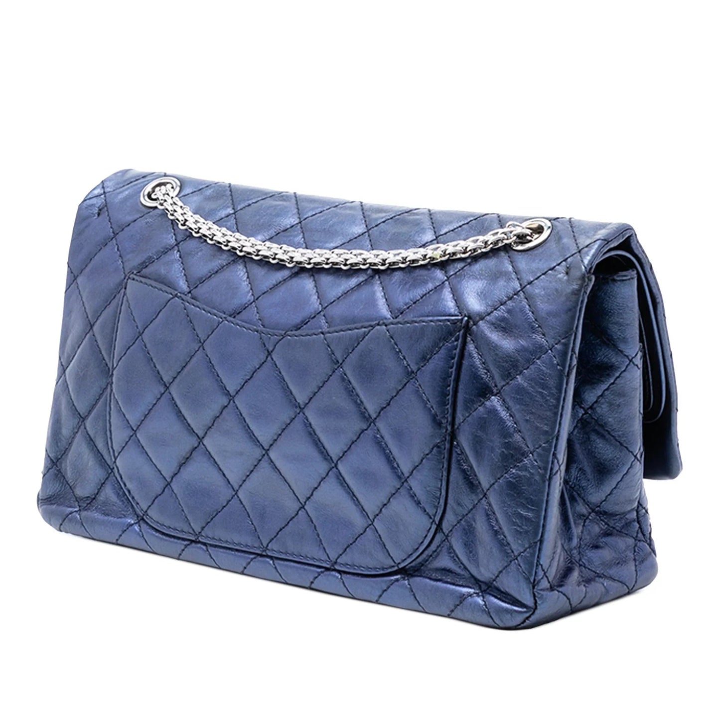 Blue Chanel Metallic Quilted Aged Calfskin Reissue 2.55 Double Flap 227 Shoulder Bag