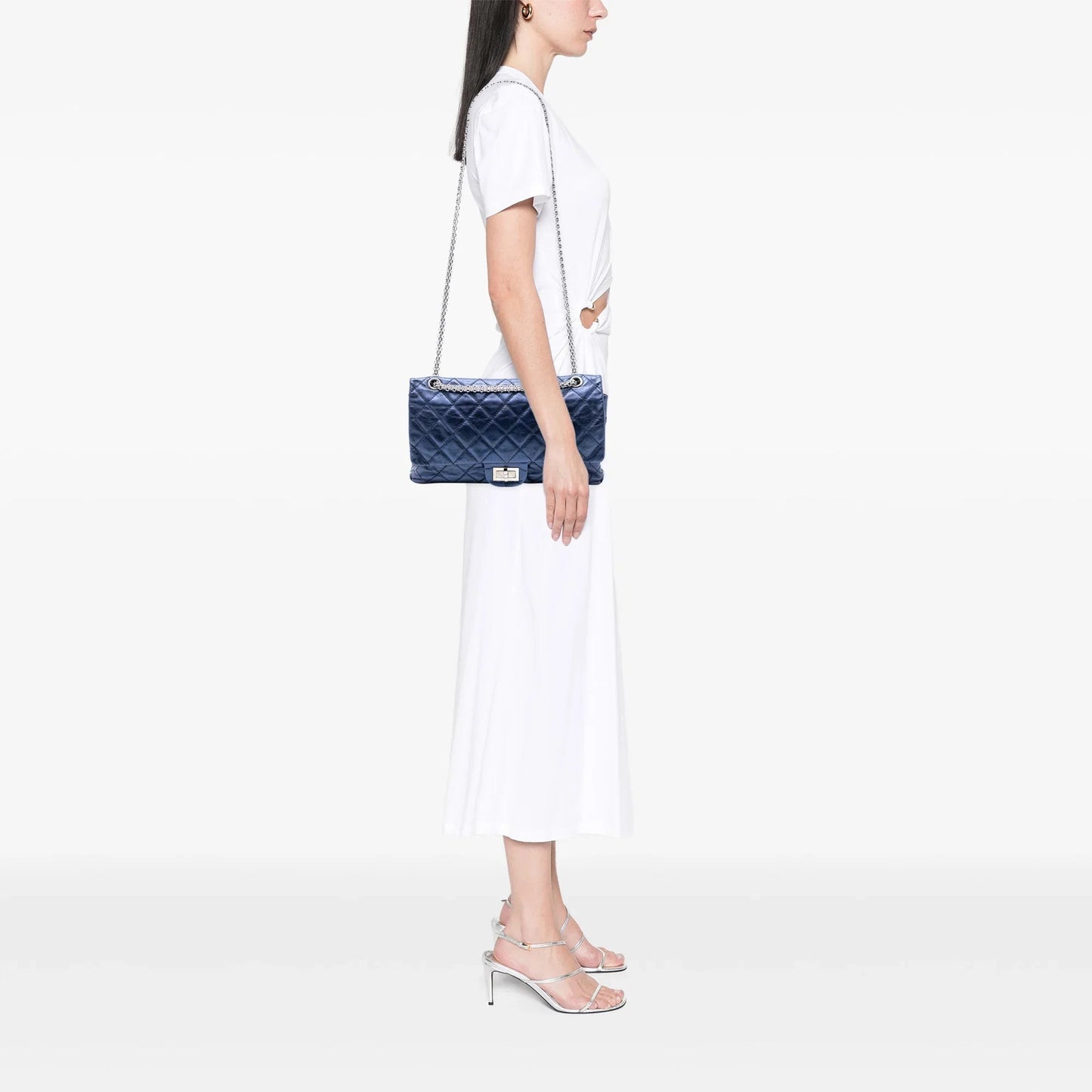 Blue Chanel Metallic Quilted Aged Calfskin Reissue 2.55 Double Flap 227 Shoulder Bag