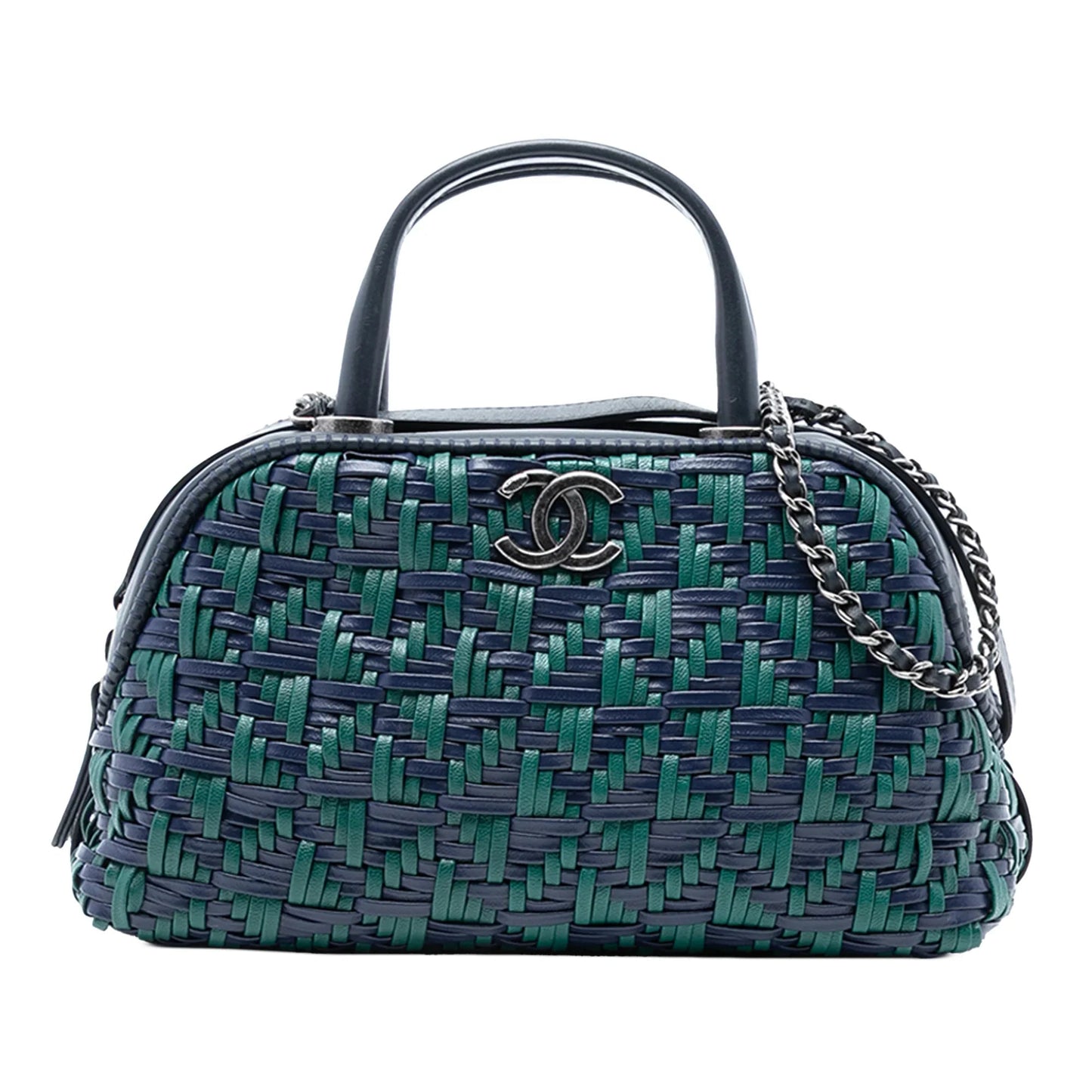 Blue Chanel CC Woven Calfskin Bowling Bag Satchel