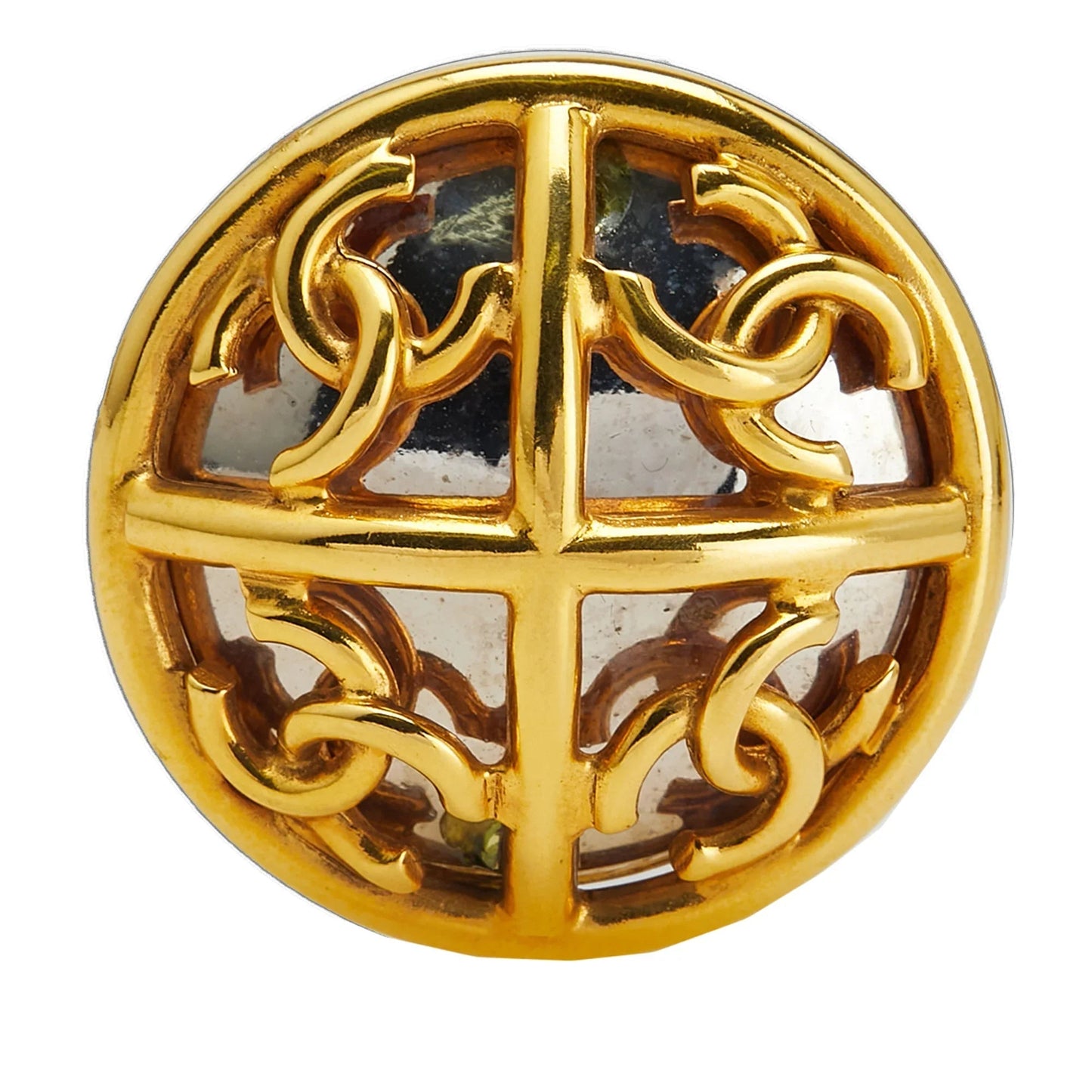 Gold Chanel Gold Plated and Silver Plated CC Round Brooch
