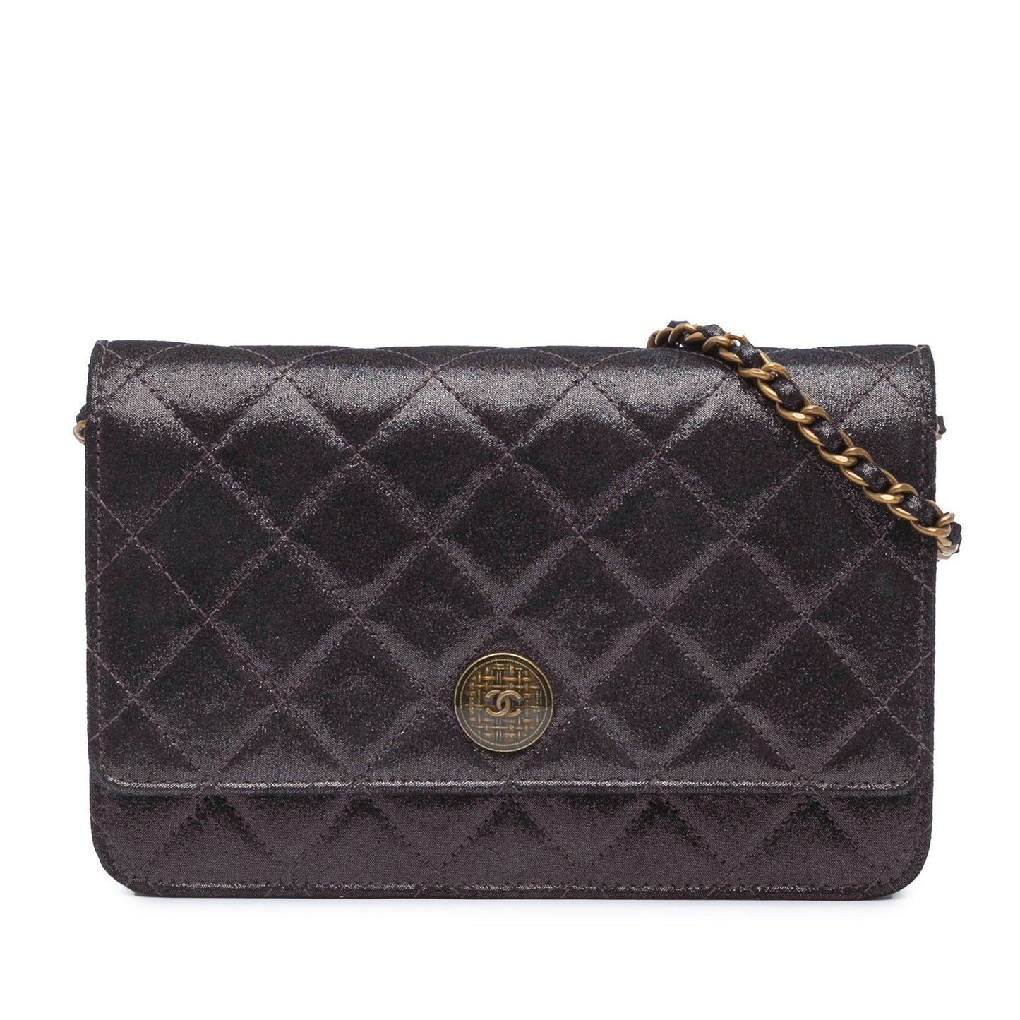 Black Chanel Metiers d’Art Quilted Iridescent Lambskin Tartan Button Wallet On Chain Crossbody Bag