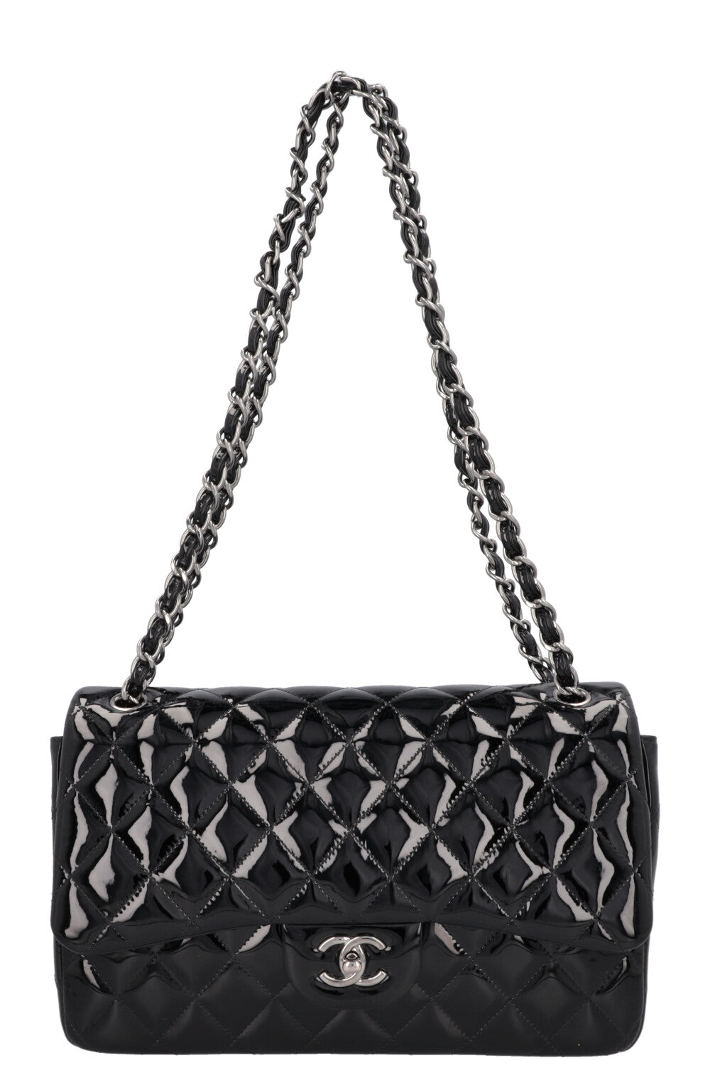 CHANEL Large Double Flap Patent Black
