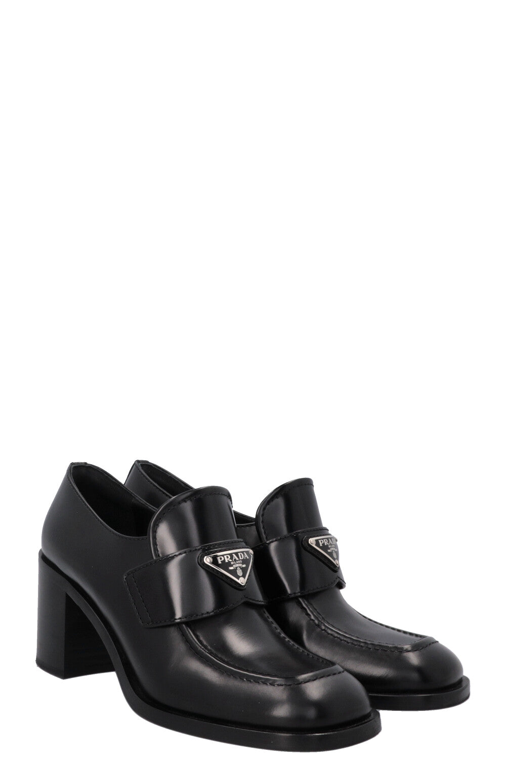 PRADA Logo Loafer Heels Black Leather