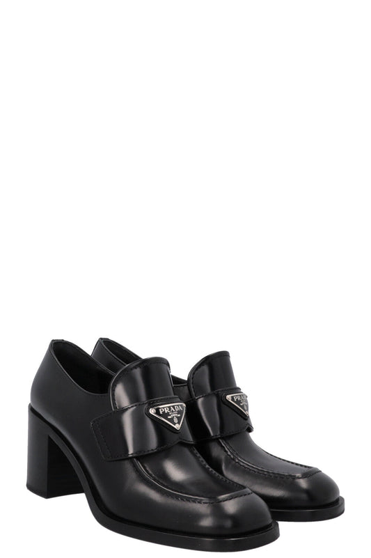PRADA Logo Loafer Heels Black Leather