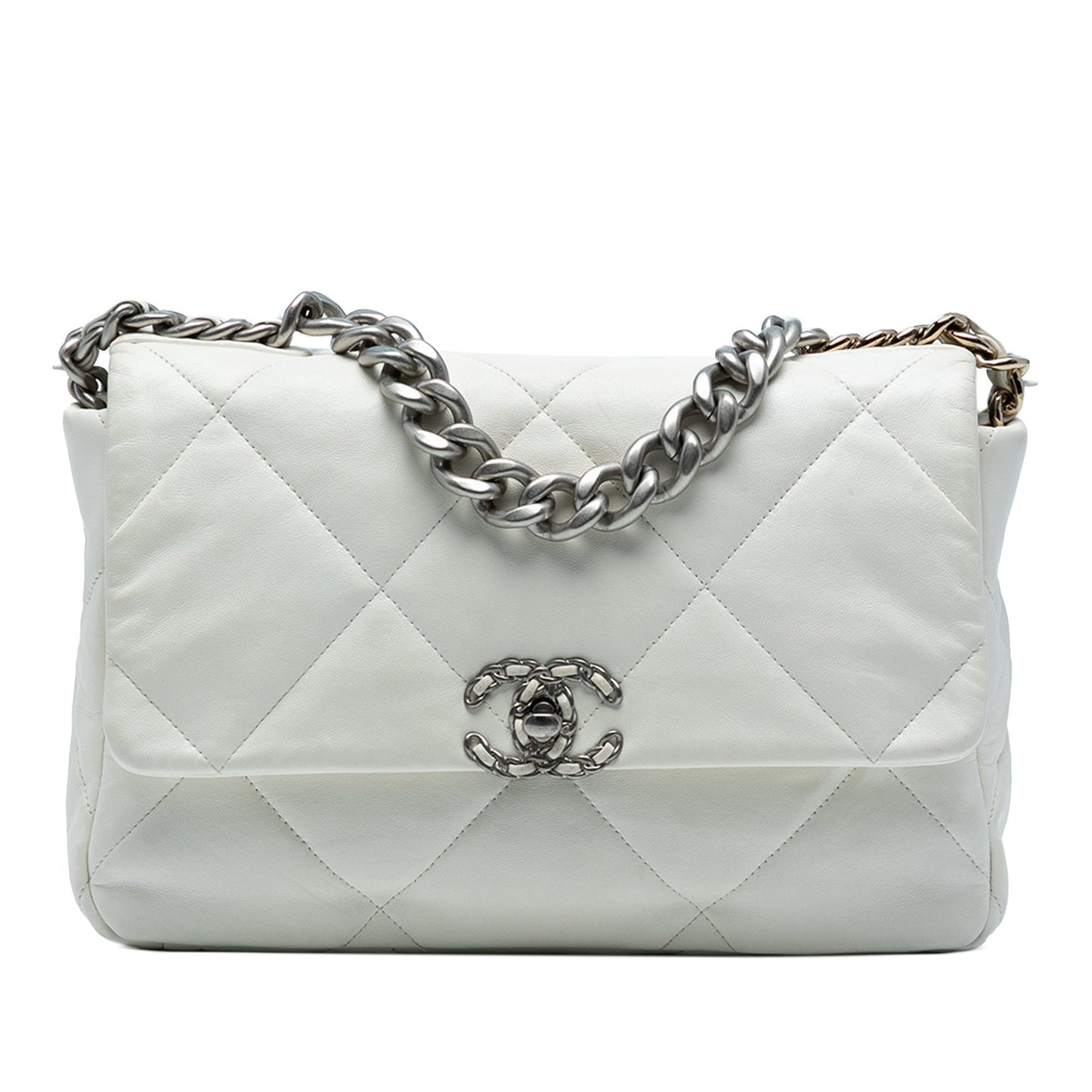 White Chanel Large Lambskin 19 Flap Satchel