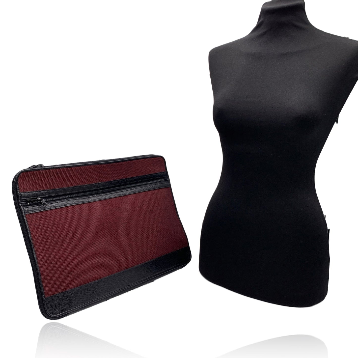 CHRISTIAN DIOR   Burgundy Canvas And Black Leather Portfolio Bag