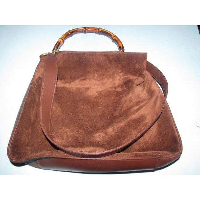 - Gucci   Brown Suede And Leather With Bamboo Handle And Removable Strap Hobo