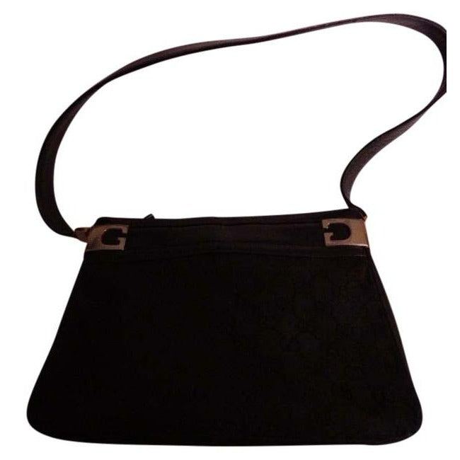 Gucci   Black Leather And Large G Logo Print Canvas Suede Hobo Bag