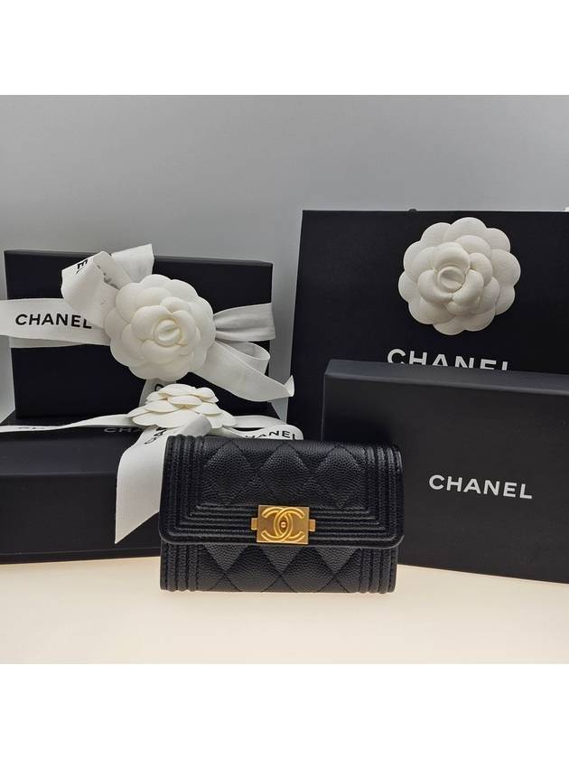 Boy  Flap Card Holder Grained Calfskin Gold Black Chanel
