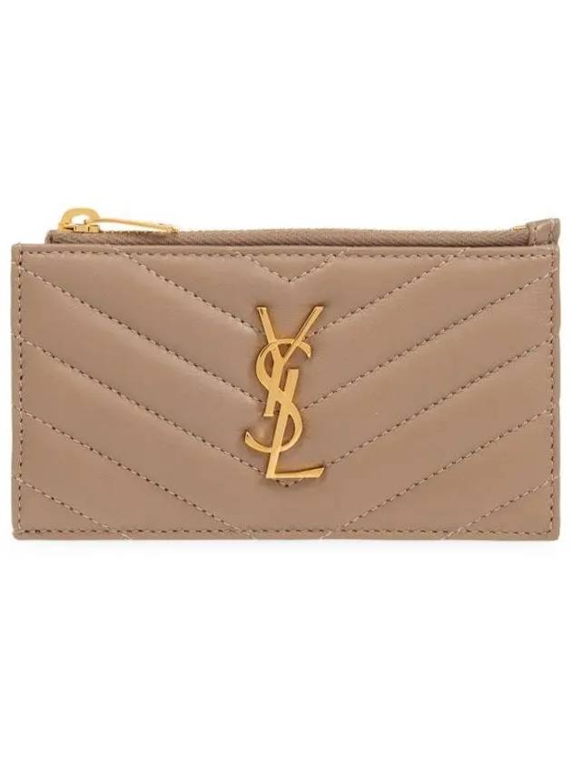 Luxury Saint Laurent Trending 2025 Monogram Logo Plaque Zip-Up Card Wallet Dusty Grey