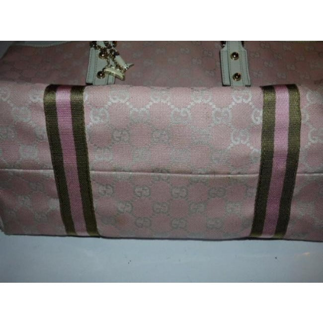 Gucci   Pink And White With Ivy Green Leather Canvas Tote