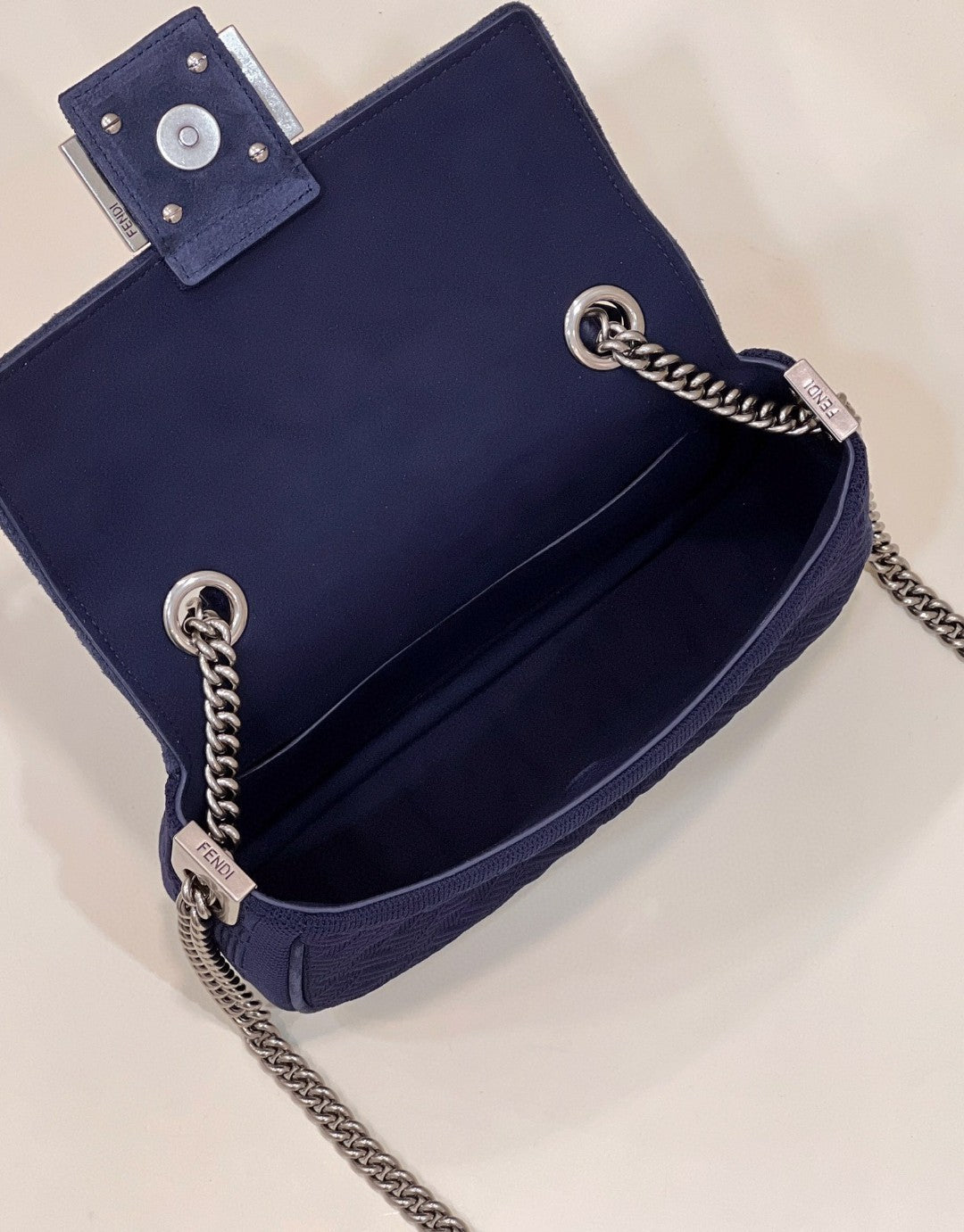Top QualityTop Quality Baguette Chain Midi Navy Blue FF Fabric Bag For Woman 14.5cm/6in