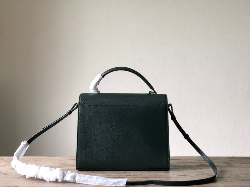YSSL Cassandra Medium Top Handle Bag In Grain De Poudre Embossed Dark Green For Women 9in/25cm 