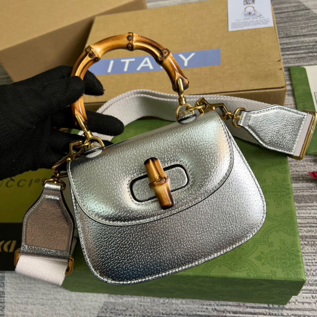 gg Bamboo 1947 Mini Top Handle Bag Silver For Women, Women’s Bags 6.7in/17cm gg