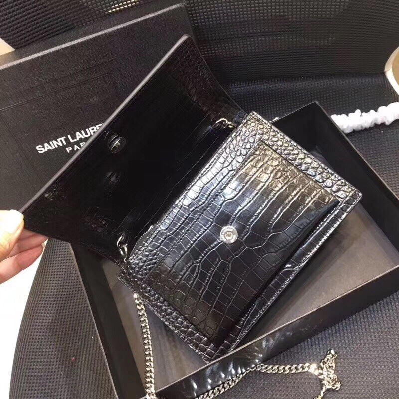 YSSL Sunset Chain Wallet  In-Embossed Black For Women 8in/21cm YSL