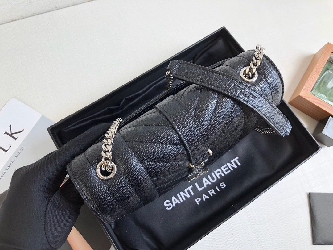 Top Quality Envelope Small Bag In Mix Matelassé Grain De Poudre Black For Women 8.2in/21cm YSL 600195BOW921000