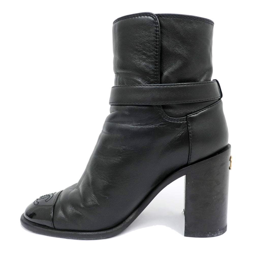 Chanel Anchor Boots 34 1/2C BK Black G38064 Leather Patent Strap CC Mark Shoes