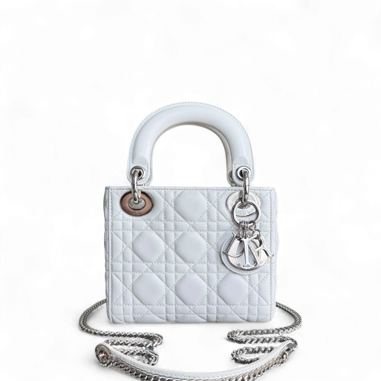 Dior Lady Mini - Cannage Lambskin White Silver Hardware Chain Strap