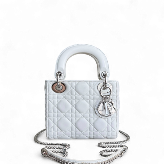 Dior Lady Mini - Cannage Lambskin White Silver Hardware Chain Strap