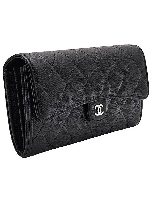 Chanel AP0241 Black Caviar Silver CC Logo Classic Long Flap Wallet Chanel