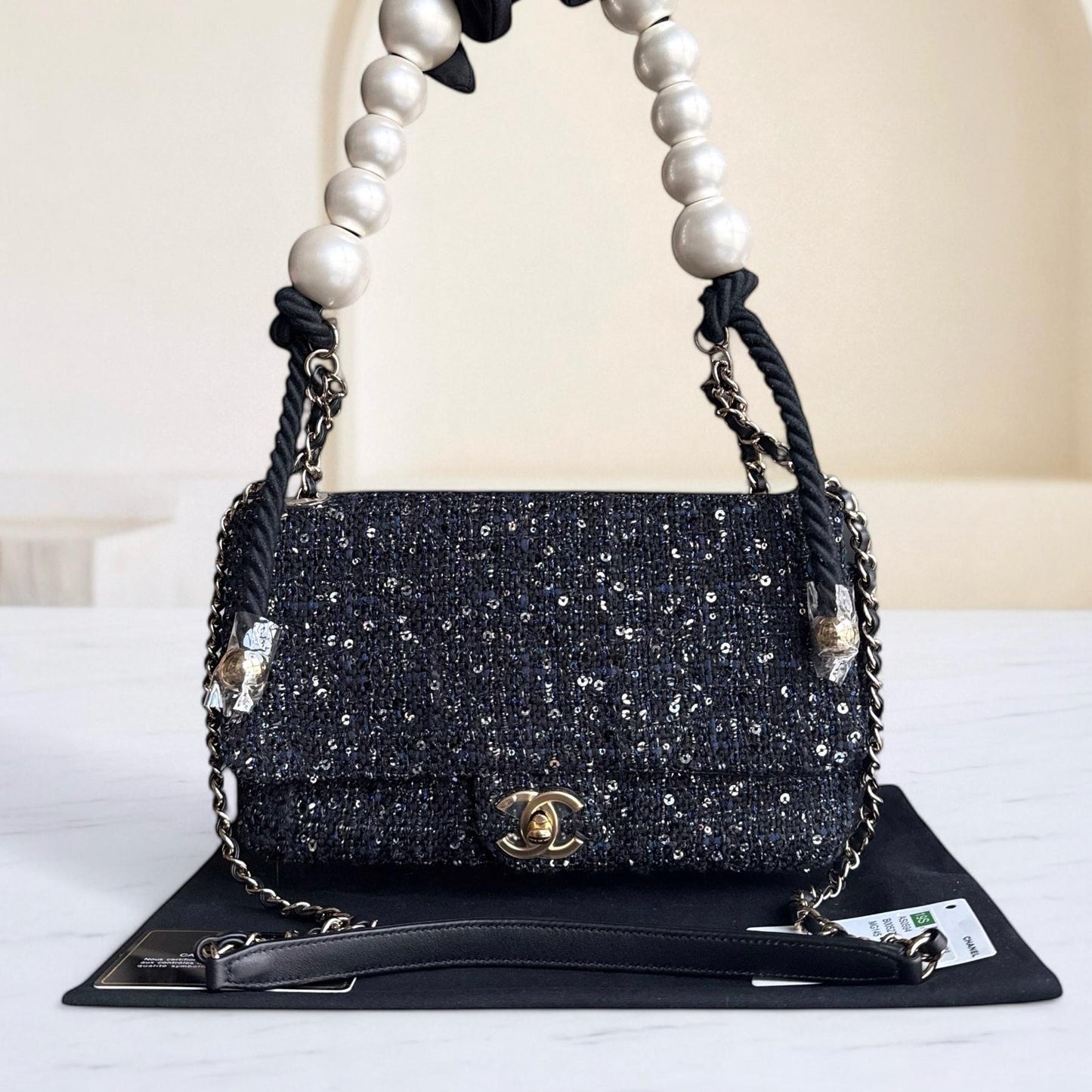 Chanel Classic Seasonal Flap Medium - Tweed Pearl Chain Black Gold Hardware Series 27
