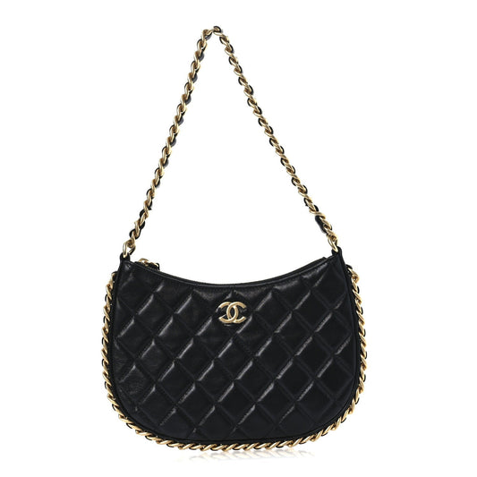 Chanel Shiny Crumpled Lambskin Quilted Trendy Chain Around Hobo Black