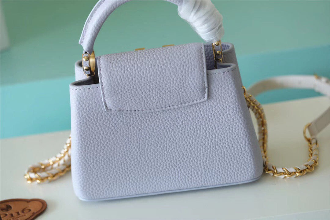 Top Quality Capucines Mini Taurillon Light Blue/ Creme For Women,  Shoulder And Crossbody Bags 21cm/8.3in Top Quality