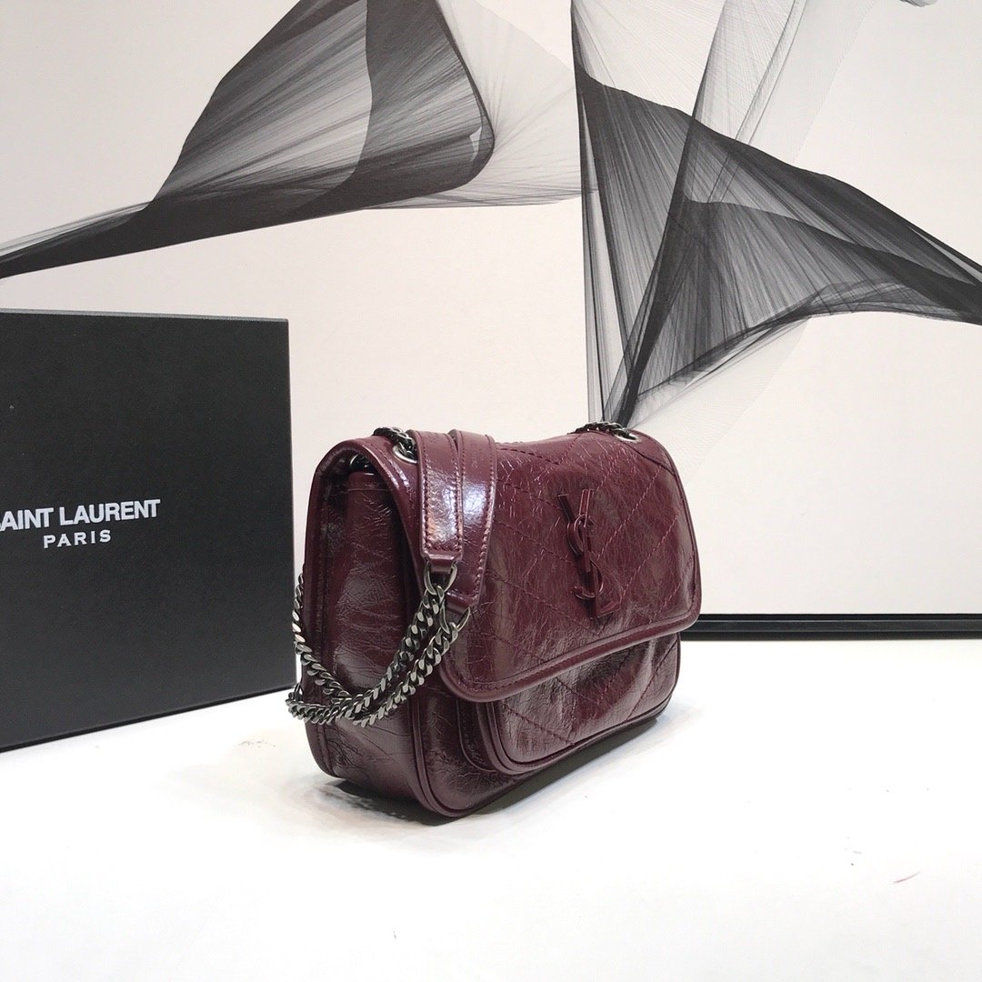 YSSL Niki Baby Chain Bag In Crinkled   Burgundy For Women 8in/21cm YSL 6331600EN046475
