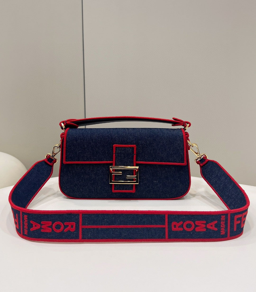 Top QualityTop Quality Baguette Blue Denim Red Border Bag For Woman 26cm/10in