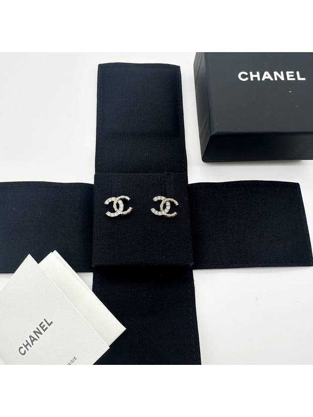 CC Logo Crystal Stud Earrings Silver Chanel