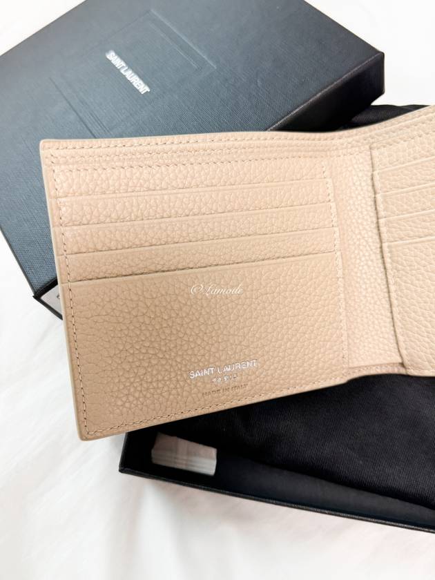 Luxury Saint Laurent Trending 2025 Tiny Cassandre Logo Plaque Half Wallet Beige
