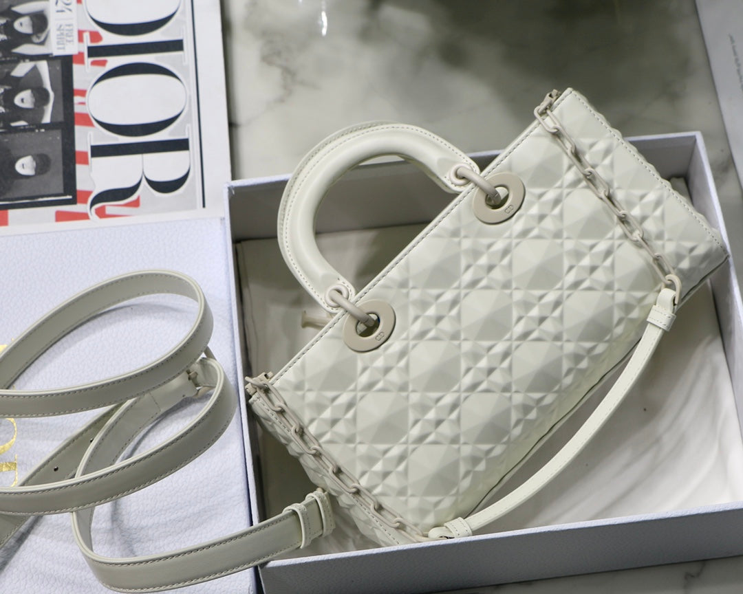 Top Quality Lady D-Joy Bag White Macrocannage Technical Fabric, White Handbags, 26cm CD M0540OTID_M933